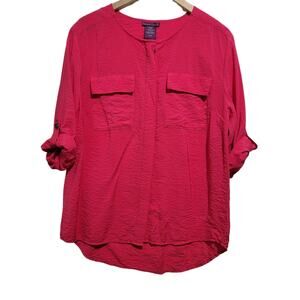Beverly Drive Womens Pink Roll Tab Sleeve Button Front High Low 80s 90s 16/18W